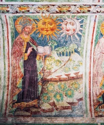 Hrastovlje fortified church, Trinity Church, Genesis, God creates sun, moon and stars (detail), Slovenia