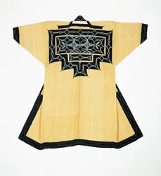 Ceremonial robe (attush) of Ainu population with traditional Ainu motifs, chain stitch embroidery, elm tree bark, wool and cotton