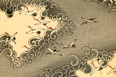 Cranes Flying in Grey Clouds