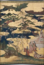 (detail) Spring in the Palace, Six-Fold Screen from The Tale of Genji, c.1650