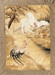 Embroidered hanging, worked in silks with a pair of cockerels with trailing plumage, one in flight, the other perched on a riverbank amongst daisies, late 19th century