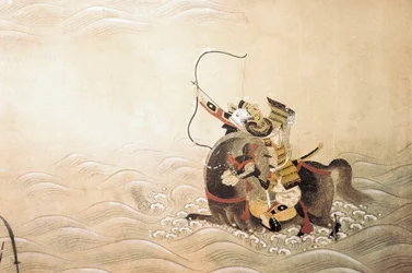 Episode of the Genpei War (1180-1185): A Samurai Armed with a Bow and Mounted on a Horse Crosses a River at a Ford. Japanese Art of the Tosa School
