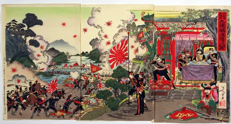 Fighting between Japanese and Chinese Troops Surveyed by a Group of Japanese Officers, an Episode from the Sino-Japanese War, Late 19th Century