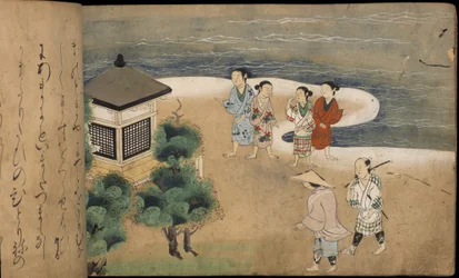 Japanese men by a pagoda, illustration from the 