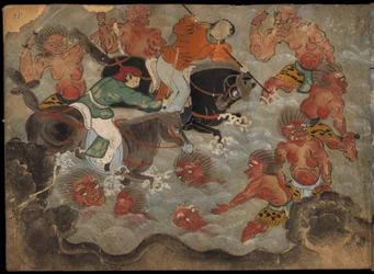 Mounted soldiers fighting demons, illustration from the 