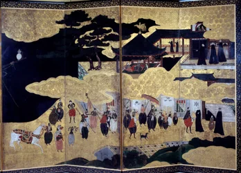 Namban Byobu screen called “Portuguese”: a representation of the arrival of Portuguese Jesuit missionaries in Japan in the 16th century. Realized by Kano School. 17th century. Paris, Guimet Museum, National Museum of Asian Arts