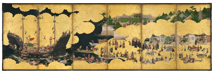 Nanban Six-Fold Screen Depicting the Arrival of a Portuguese Ship for Trade, Edo Period