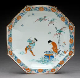 Octagonal Dish with a scene illustrating the Hob in the well story, Kakiemon ware