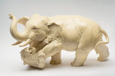 Okimono of an elephant trampling a tiger