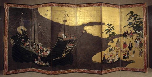 Portuguese Screen Representing the Arrival of Jesuit Portuguese Missionaries in Japan in the 16th Century