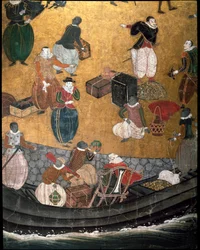 “Portuguese” Screen Representing the Arrival of Jesuit Portuguese Missionaries in Japan in the 16th Century - 1590-1614 - (Detail)