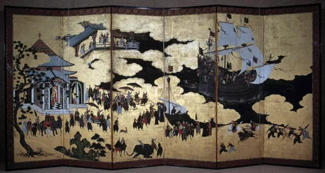 Portuguese Screen Representing the Arrival of Portuguese Jesuit Missionaries in Japan in the 16th Century