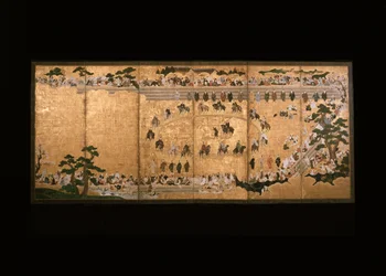 Six-Fold Screen Depicting a Military Dog-Chasing Game