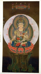 The Bodhisattva Akashagarba holding the Cintamani Jewel in the left hand and seated on a lotus, illustration after a kakemono of the 9th century from the temple of Daigo