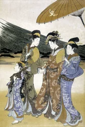 Three Women and Children, Japanese Print