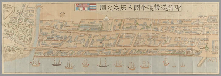 Topographical view of the foreign settlement in Yokohama following the opening of the treaty ports in 1859, showing individual plots occupied by named British, American, Dutch, and Portuguese businesses and households