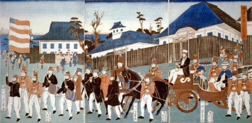 Triptych showing a parade of foreigners, Yokohama, in a horse-drawn open carriage and led by man carrying the stars-and-stripes, and a military band, 1861