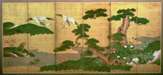 Two Cranes Diving Behind Pine and Rockwood