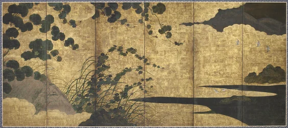 Vines, hut, grasses and shore birds, Momoyama period