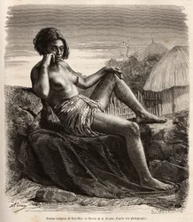 Native woman of Taio-Hae (or Taio Hae), in the archipelago of the Marquises, nonchalantly showing her tattooed legs, engraving after a drawing by A.Rixens illustrating the memories of the Pacific, in 1872-1874, by A.Pailhes, a ship sign, published in 