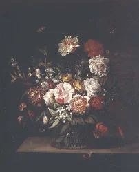 Mixed Flowers in a Wicker Basket with Moths, Dragonfly and Red Admiral on a Ledge