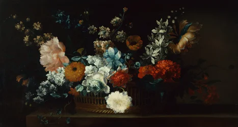 Peonies, Chrysanthemums and Other Flowers in a Basket