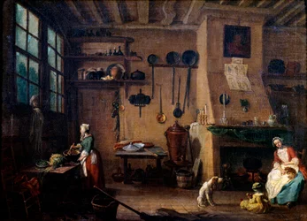 Kitchen Interior in the 18th Century. A Cook Prepares a Meal. In the Background We See the Kitchen Utensils Hanging Along the Wall. Painting by Jean-Baptiste Lallemand (1710-1803), 18th century, Dijon, Museum of Fine Arts