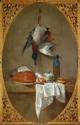 Duck Hung by a Leg, Pie, Bowl and Pot with Olives