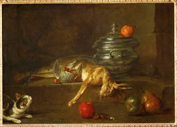 Cat Looking at a Dead Partridge and a Dead Hare, Thrown Next to an Oil-Pot