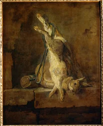 Dead Hare with Game Bag and Powder Flask