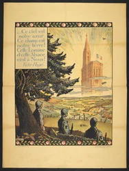 A Poster Showing Three French Soldiers Looking at an Allegorical Church in the Distance, in the Clouds Emblazoned by Light. A Small Verse by Victor Hugo in the Top Left Corner