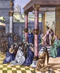 Cyrus II the Great (580 BC - 530 BC), king of Persia, freed the Judeans exiled to Babylon in 539 BC. Engraving after a miniature by Jean Fouquet (ca. 1420 -1477/1481). Engraving by Chevignard