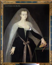 Portrait of Agnes Sorel, favorite of King Charles VII. Her breast is denude. Painting after Jean Fouquet. 16th century, Chateau royal de Loches