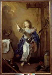 The Savior of the World Representation of the child Jesus holding in his hand the globe and surrounds symbols of the Passion and the Holy Shroud