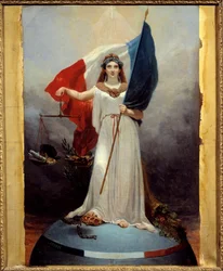 Symbolic figure of the Republic. Allegory representing the republic as a woman wearing a laurel wreath, symbol of peace, holding a balance, symbol of justice, and the tricolor flag. Under her foot are the crown of the crushed monarchy and the broken
