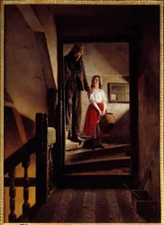 The old age stick A little girl helping an old man down a staircase