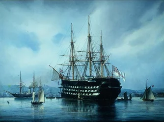An English Warship at Anchor off a Port