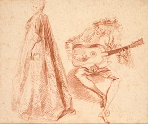 Girl standing in profile to left, with a Man, playing a Guitar