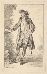 Standing man with his right hand resting on a basin, shown in three-quarters view