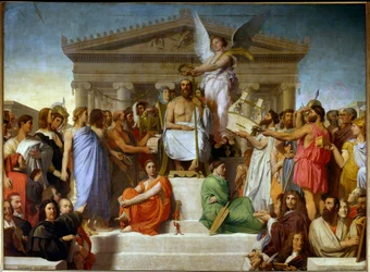 The Apotheosis of Homer: the consecration of the Greek poet Homer: he is crowned and immortalized, at his feet two women represent the Iliad and the Odyssey. Around him are the great figures of Art and history