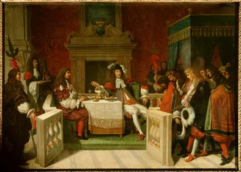Louis XIV and Molière: King Louis XIV (1638-1715) and Jean Baptiste Poquelin, called Molière (1622-1673), at table before the courtiers. Painting by Jean Auguste Dominique Ingres (1780-1867)