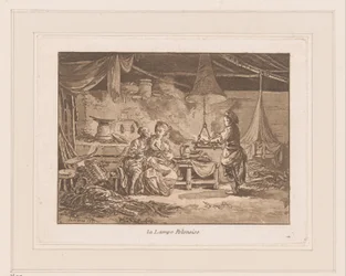 Interior of a barn with two figures on a bench and a man by a fire