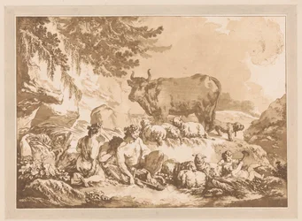 Resting Satyrs Among Sheep and a Cow in a Landscape