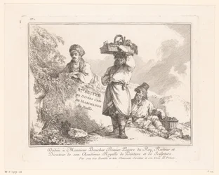Title Print with Three Street Vendors with Their Goods by a Rock