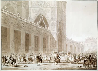 The Arrival in Carriage of Emperor Napoleon I and Empress Josephine de Beauharnais at the Cathedral Notre Dame de Paris on the Day of the Sacred