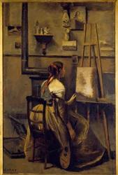 Workshop of Camille Corot, young woman sitting in front of an easel