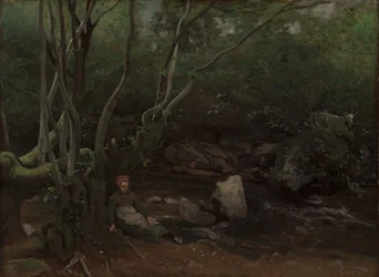 Goat-Girl Sitting Beside a Stream in a Forest