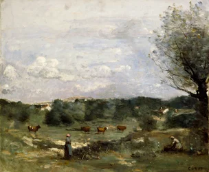 Meadow with Cows, a Willow on the Right and a Distant Village
