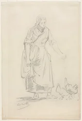 Peasant Girl Feeding Chickens