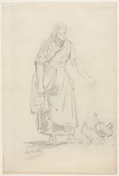 Peasant Girl Feeding Chickens